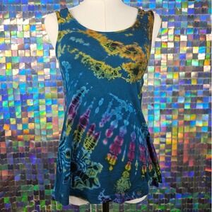 Tie Dye Tank‎ Top Women's Blue Green Purple Strappy Back Cutout Sleeveless Tunic